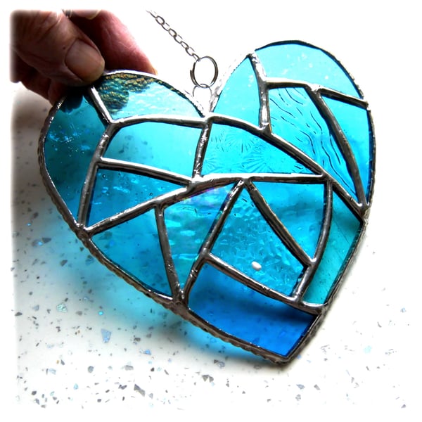 Fat Patchwork Heart Suncatcher Turquoise Stained Glass Handmade 035