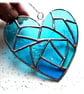 Fat Patchwork Heart Suncatcher Turquoise Stained Glass Handmade 035