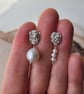 Silver and Pearl Mismatched Lichen Dangle Drop Earrings - Image 3