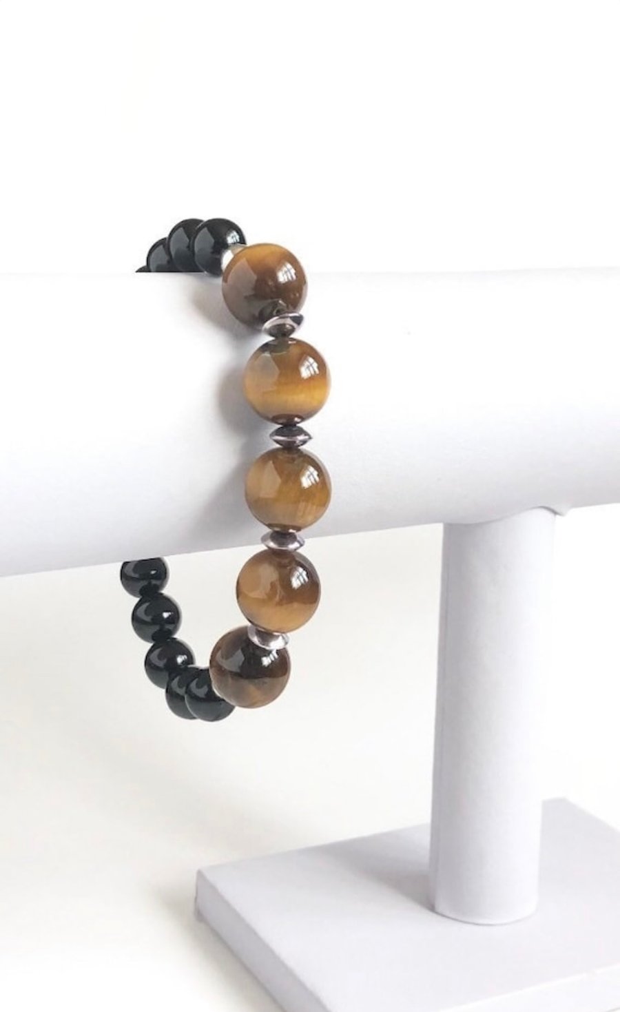 Tigers Eye and Black Agate Men’s Sterling Silver Beaded Bracelet, Large wrist