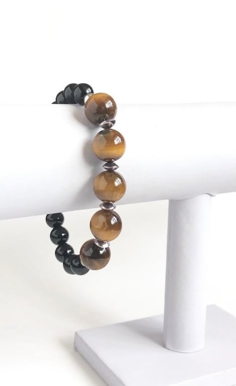 Tigers Eye and Black Agate Men’s Sterling Silver Beaded Bracelet, Large wrist