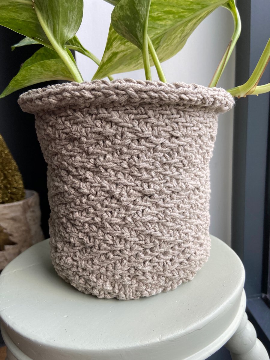 Hand Knitted Plant Pot - Beige - Recycled Cotton - Medium