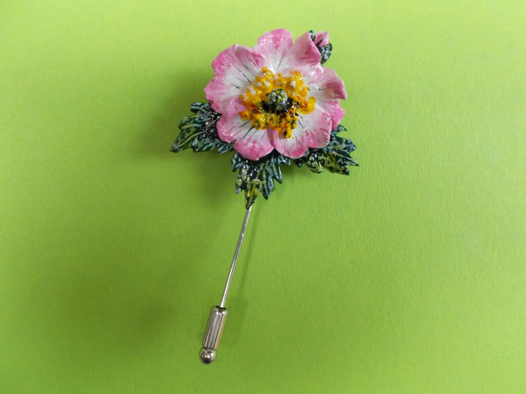 DELICATE PINK WILD DOG ROSE PIN Wedding Lapel Flower Brooch HANDMADE HANDPAINTED