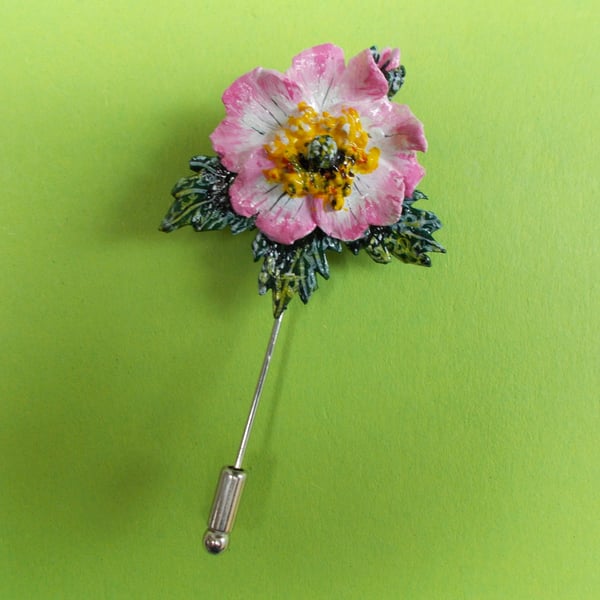 DELICATE PINK WILD DOG ROSE PIN Wedding Lapel Flower Brooch HANDMADE HANDPAINTED