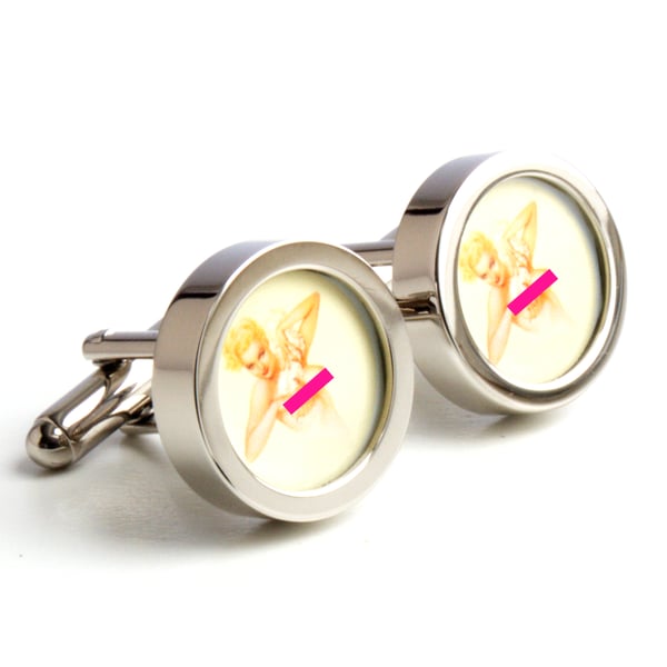 Pinup Cufflinks of a Blonde with Feather Erotic Cufflinks