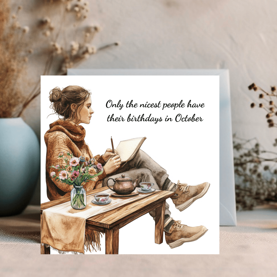 October Watercolour print greetings card for an October Birthday