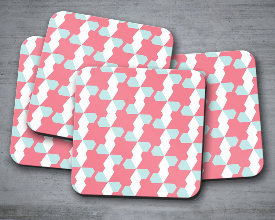 Set of 4 Pink with Blue and White Geometric Design Coasters