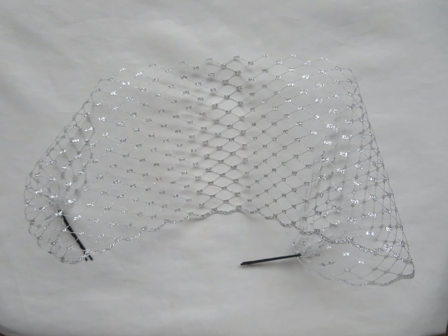 Metallic Silver Narrow Classic Stiff Veiling Bandeau Vintage Eye Veil 