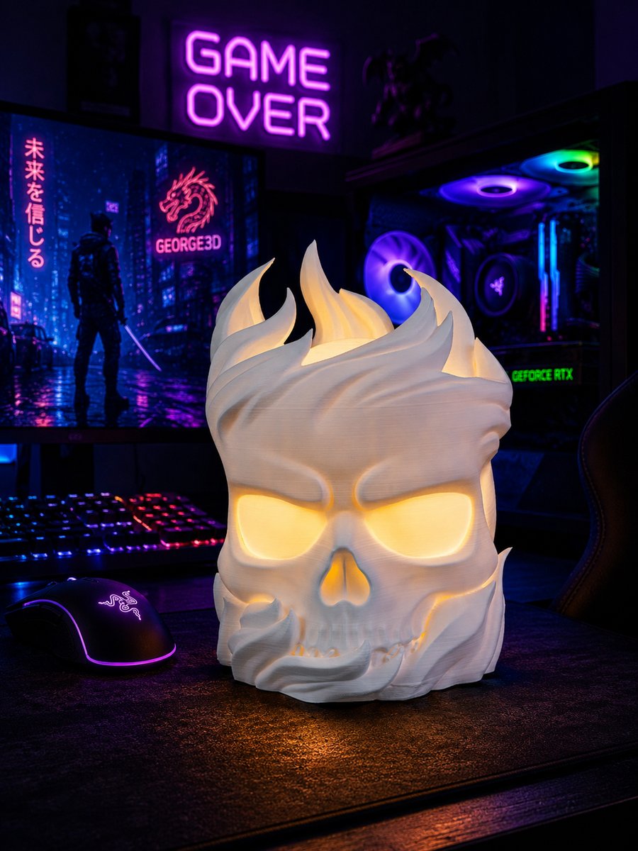 Flaming Skull Mood Lamp – Unique 3D Printed Table Lamp, Modern Home Decor Gamer