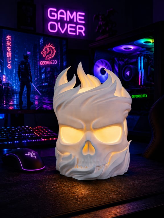 Flaming Skull Mood Lamp – Unique 3D Printed Table Lamp, Modern Home Decor Gamer