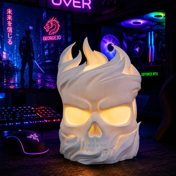 Flaming Skull Mood Lamp – Unique 3D Printed Table Lamp, Modern Home Decor Gamer