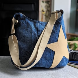 Denim Bag - Denim Jeans Hobo Cross Body Bag with Cream Star Motif (P&P included)