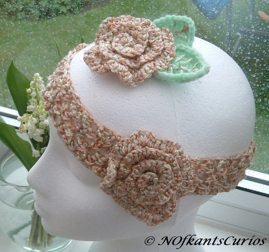 Golden Rose!  Crocheted Hair Band Brooch Set with Rose Detailing.