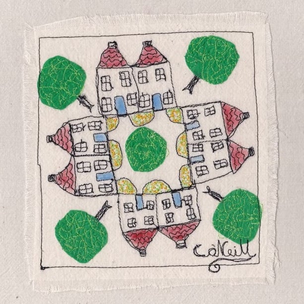 The Village Square -  Freestyle Textile Art - House warming Gift