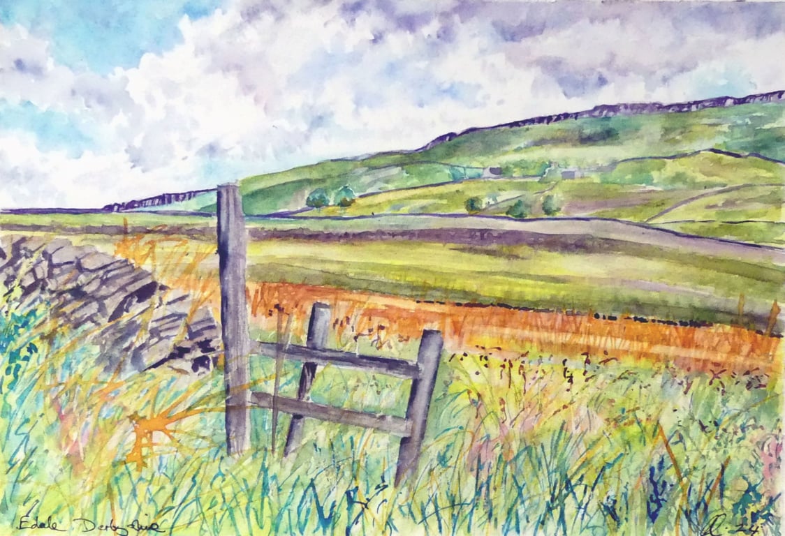 Gate Overlooking Meadow  Watercolour Impressionist Peak District Landscape