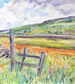 Framed Watercolour Impressionist Landscape Gate Overlooking Meadow  - Image 1