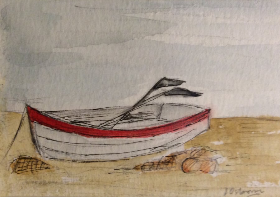 Fishing boat II - original framed watercolour miniature of fishing boat