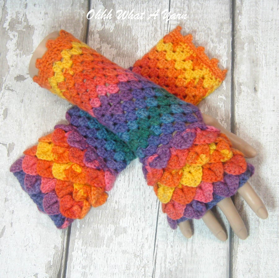 Crochet rainbow dragonscale, dragon, crocodile gloves