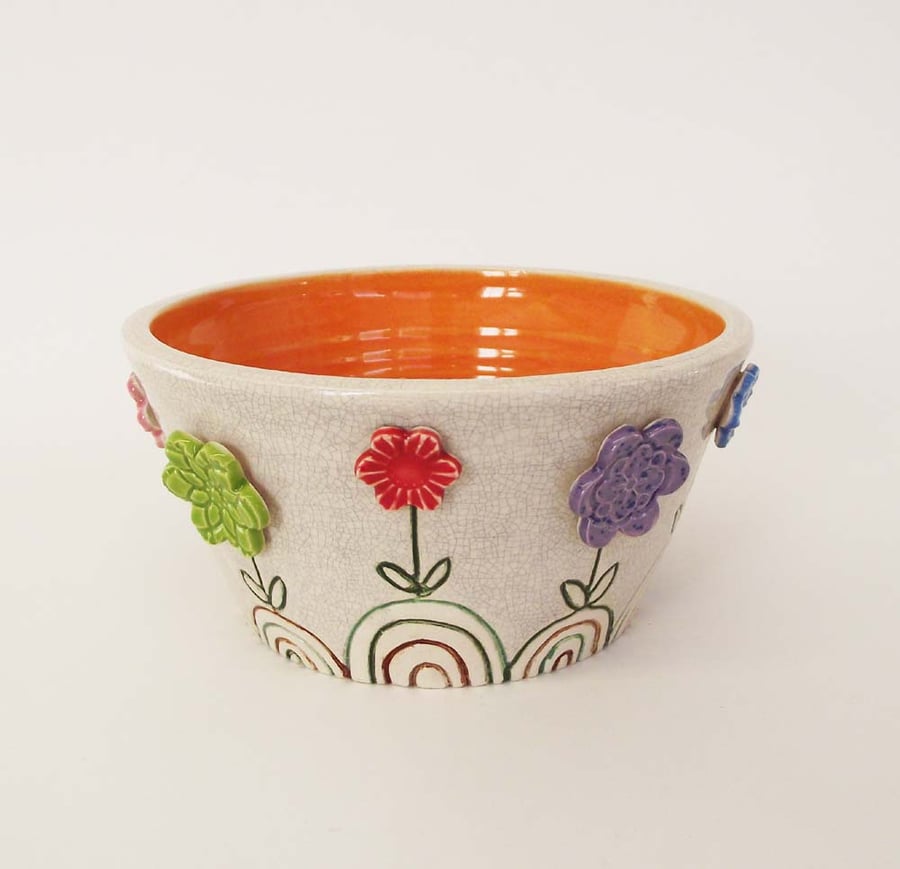 Ceramic hand thrown crackle bowl with spring flowers