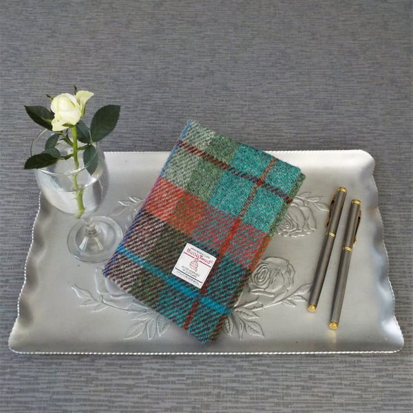 Harris tweed covered A6 notebook journal diary brick red turquoise green