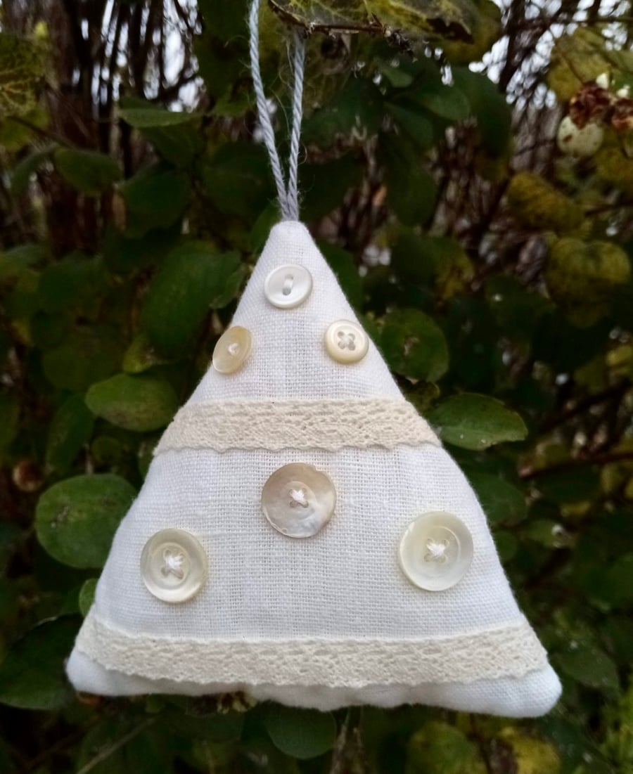 Abstract White Christmas Tree Decoration with Mother of Pearl Buttons