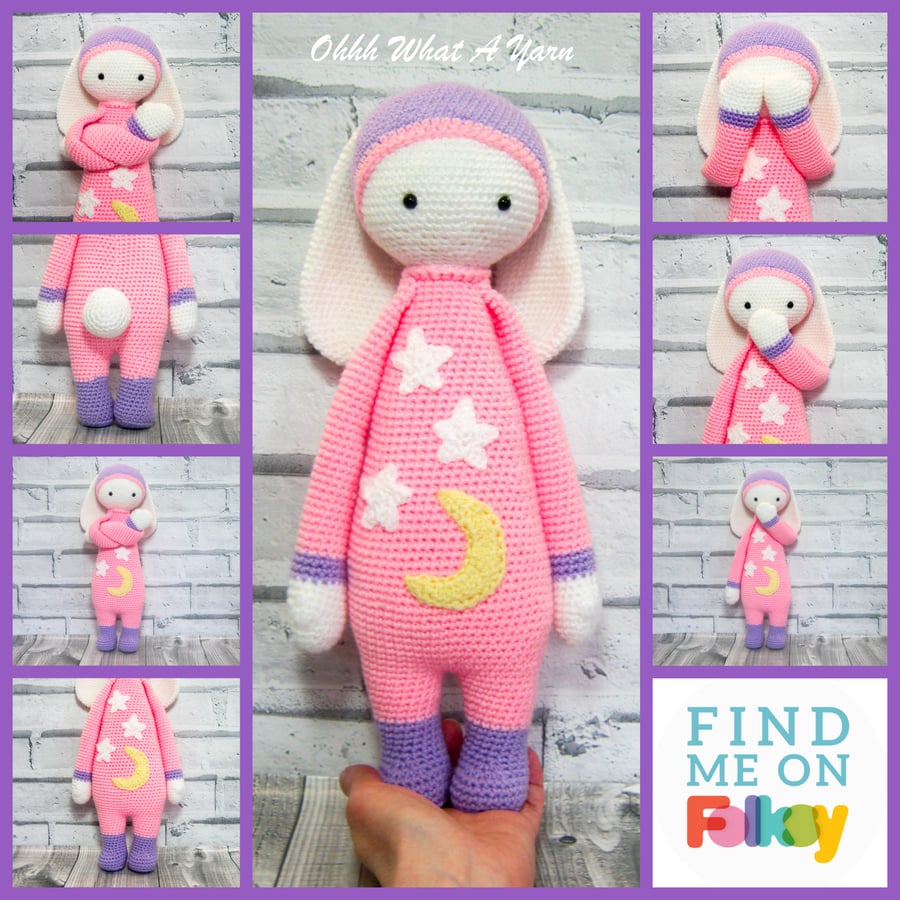 Crochet pink Bedtime Bunny. Bunny doll. Rabbit soft toy.