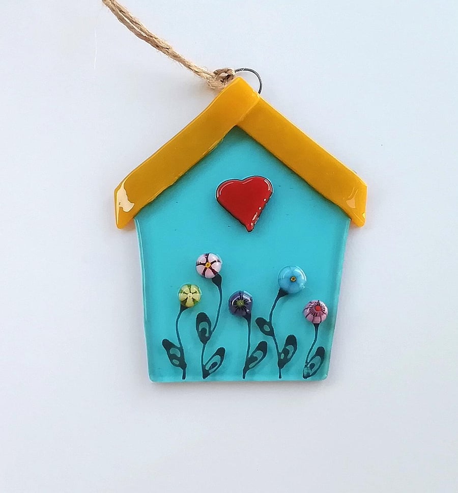 Fused Glass Birdhouse Suncatcher: Floral Garden Art Decoration