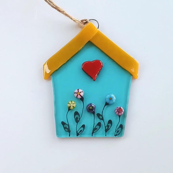 Fused Glass Birdhouse Suncatcher: Floral Garden Art Decoration