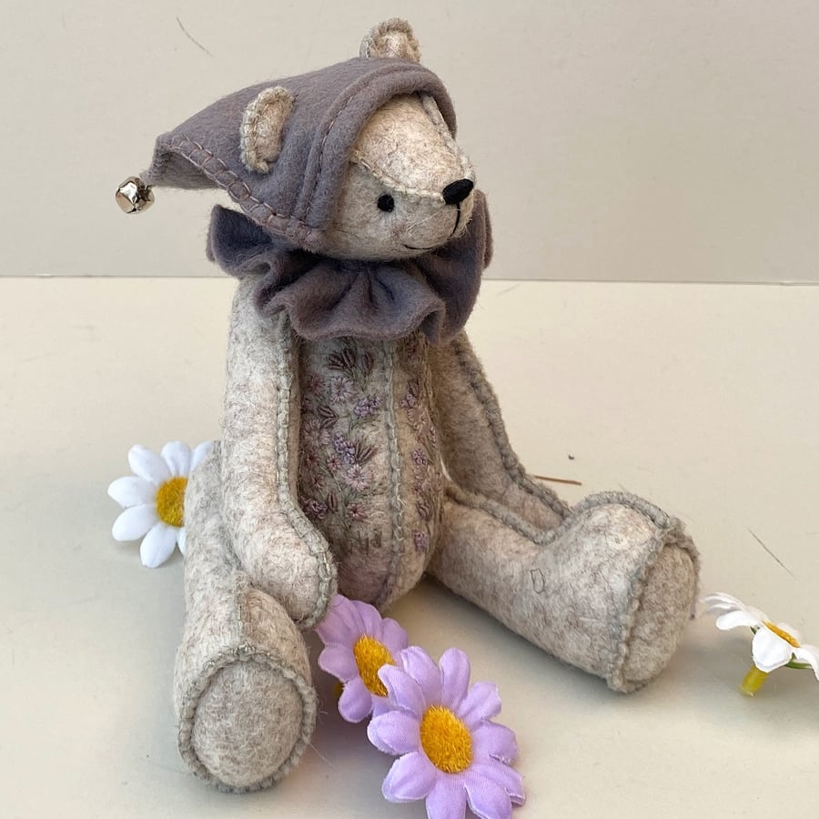 Hand sewn & embroidered artist bear, wool felt teddy bear for collectors 