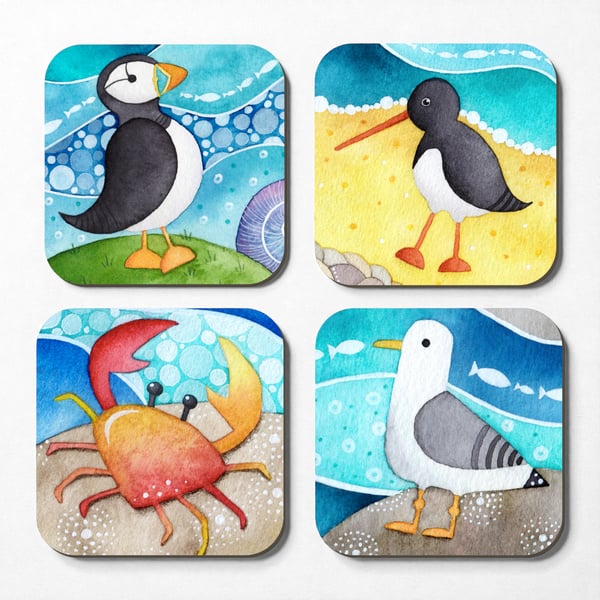 Seaside Coasters (Set of 4) - Cute Animal Art. Puffin Seagull Oystercatcher Crab