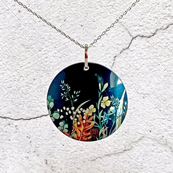 Oak leaf, wildflowers necklace, 32mm disc pendant, handmade jewellery (63)