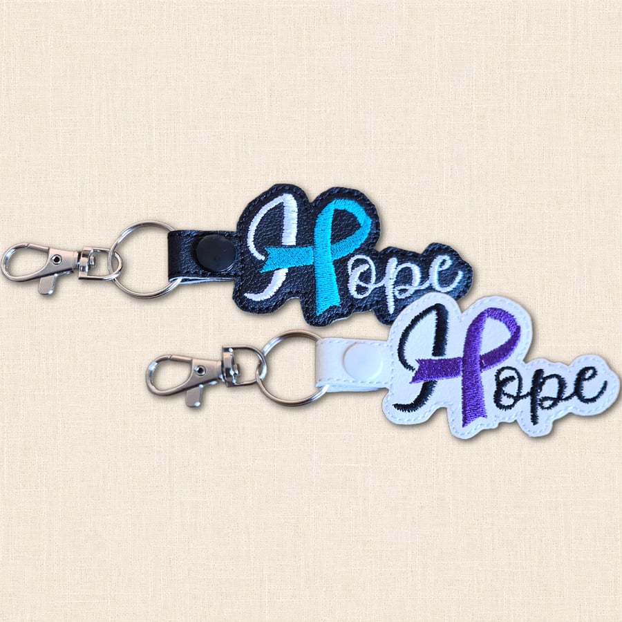 Hope Awareness Ribbon Keyring - Embroidered Faux Leather Bag Charm