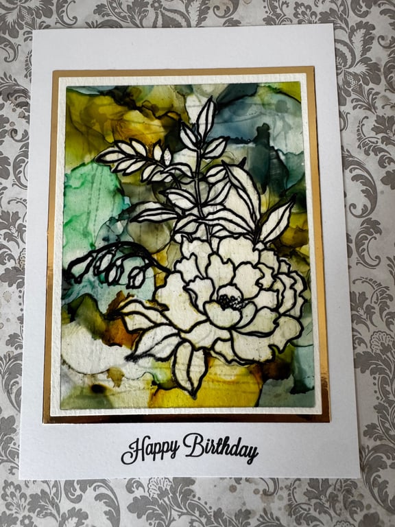 Handmade Alcohol Ink Floral Birthday Card - 5x7 Gold Foil Accent Card