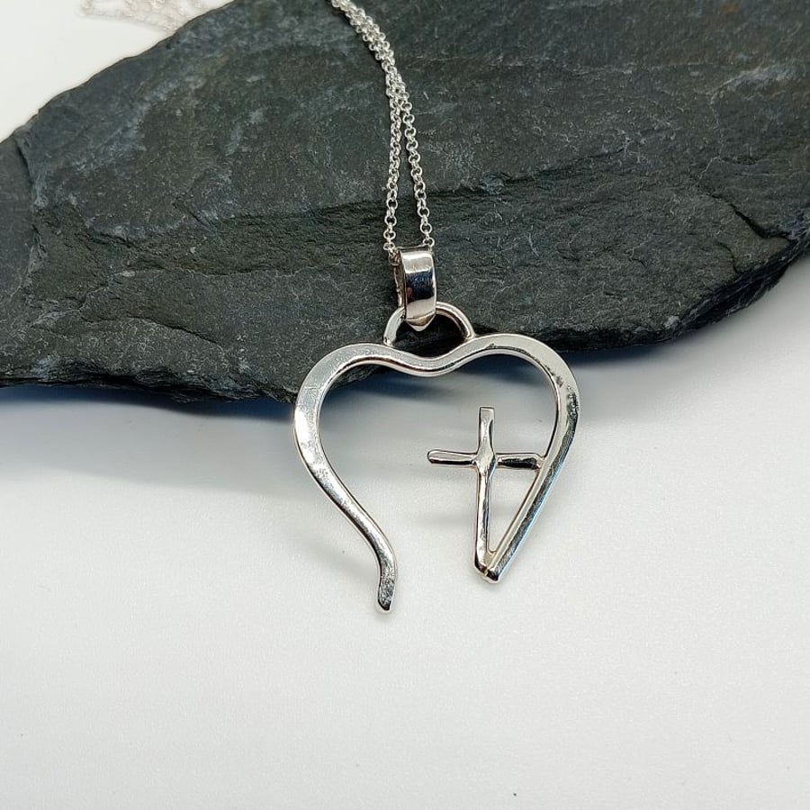 Large Heart necklace with cross , sterling silver hallmarked