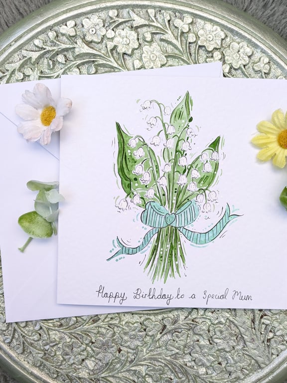 Lily of the valley hand-painted personalised May birth flower card 