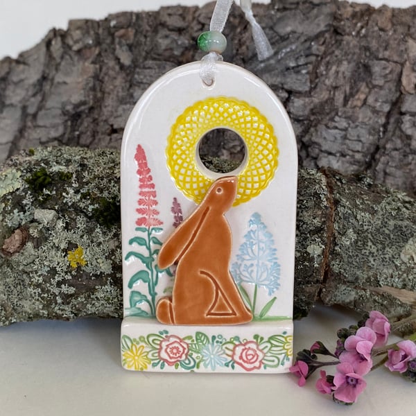 Small moon gazing hare pottery hanging decoration