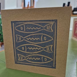 Four funky fish. 6x6 inch hand printed card with envelope. Lino print.