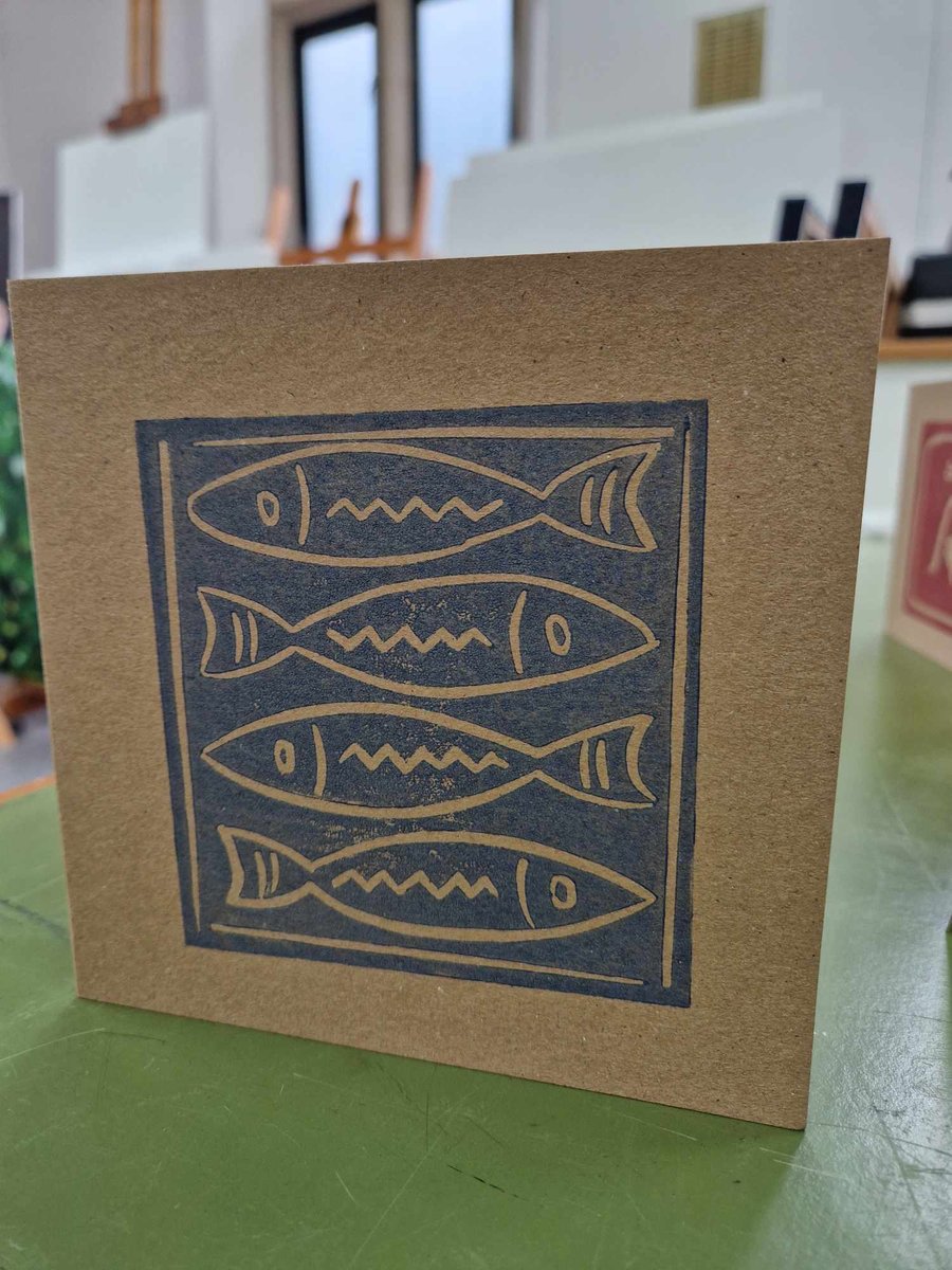Four funky fish. 6x6 inch hand printed card with envelope. Lino print.
