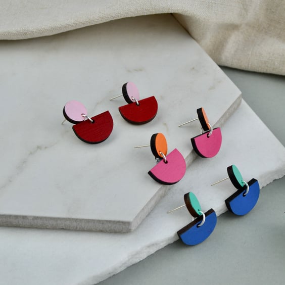 Colour Pop Contrast Dangly Stud Wooden Earring