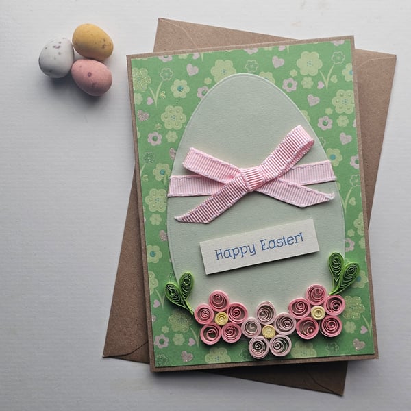 Pink Easter Egg Card with Quilled Flowers Size 6" x 4" (15cm x 10cm)