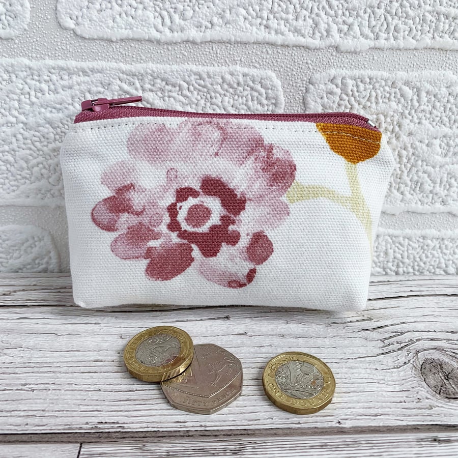 Small Purse, Coin Purse with Pastel Pink Flower