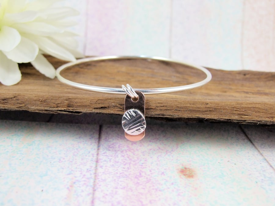 Sterling Silver Wool Charm Bangle with Copper Accents
