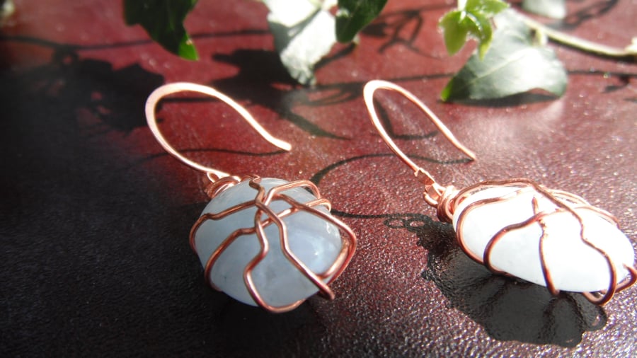 Blue Lace Agate Wire Wrapped Copper Earrings