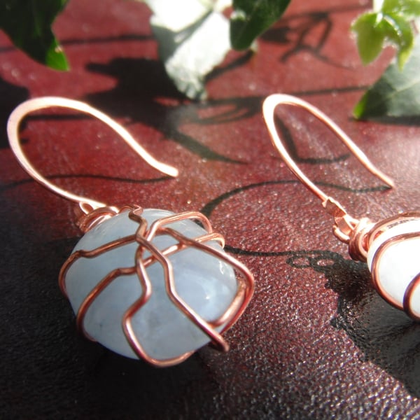 Blue Lace Agate Wire Wrapped Copper Earrings