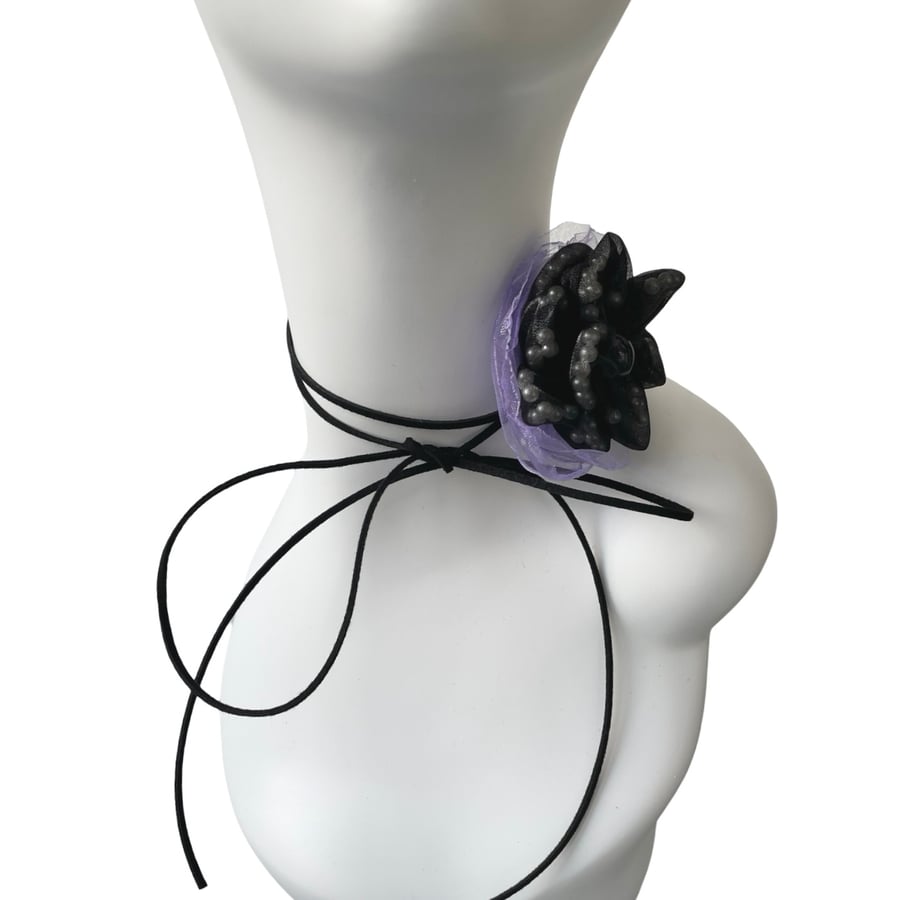 Flower choker Black and lilac organza fabric flower corsage tie choker 