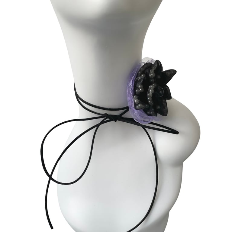 Flower choker Black and lilac organza fabric flower corsage tie choker 