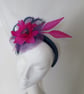 Navy Blue and Raspberry Magenta Flower Tulle & Feather Headband  - Image 3