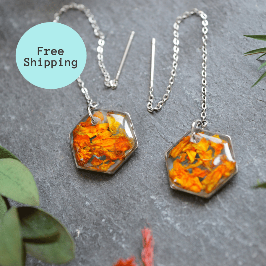 Orange Marigold Petal Hexagon Threader Earrings - Free Postage