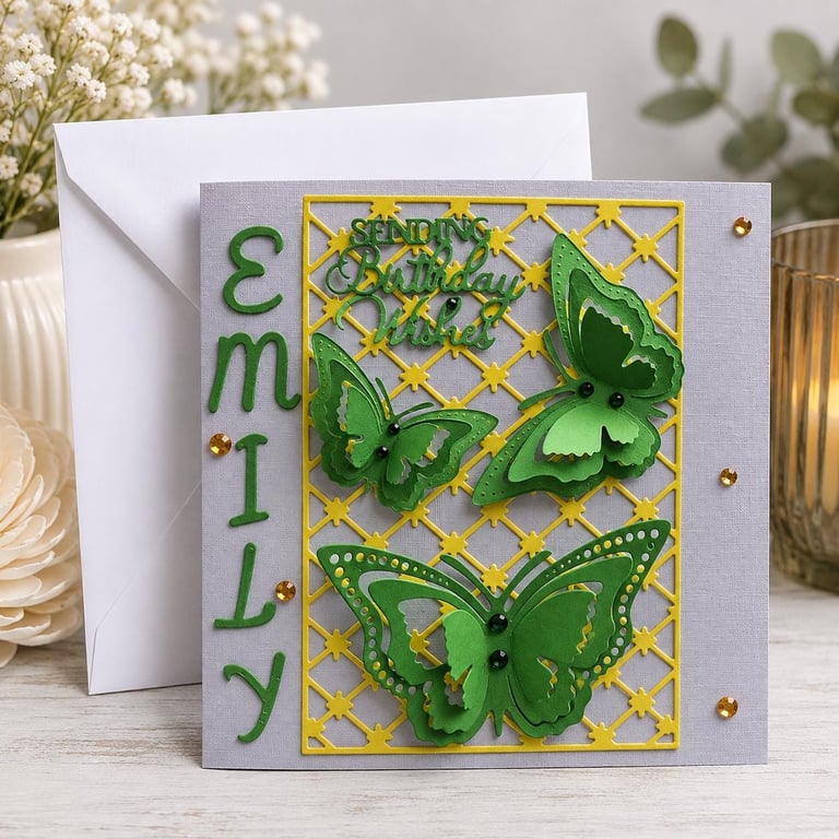 Personalised 3D Butterfly Birthday Card Green Yellow Greeting Card for Her