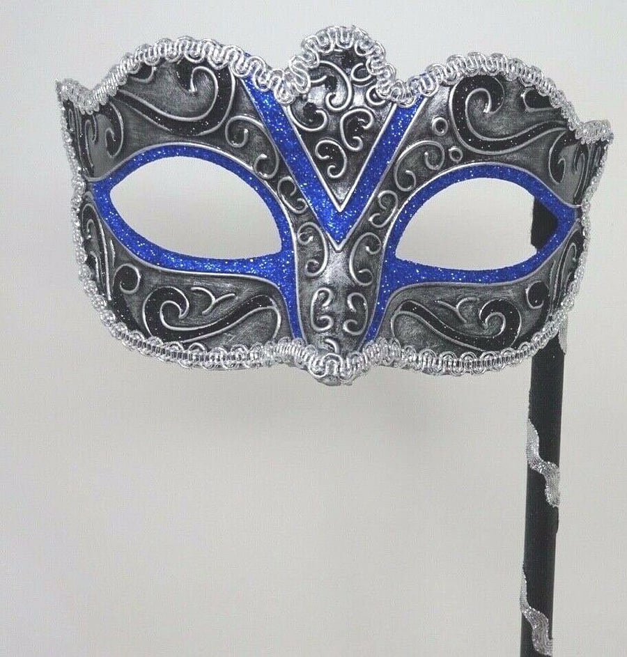 Stunning Blue Black and Silver Masquerade Mask on a Black Stick with Silver Brai